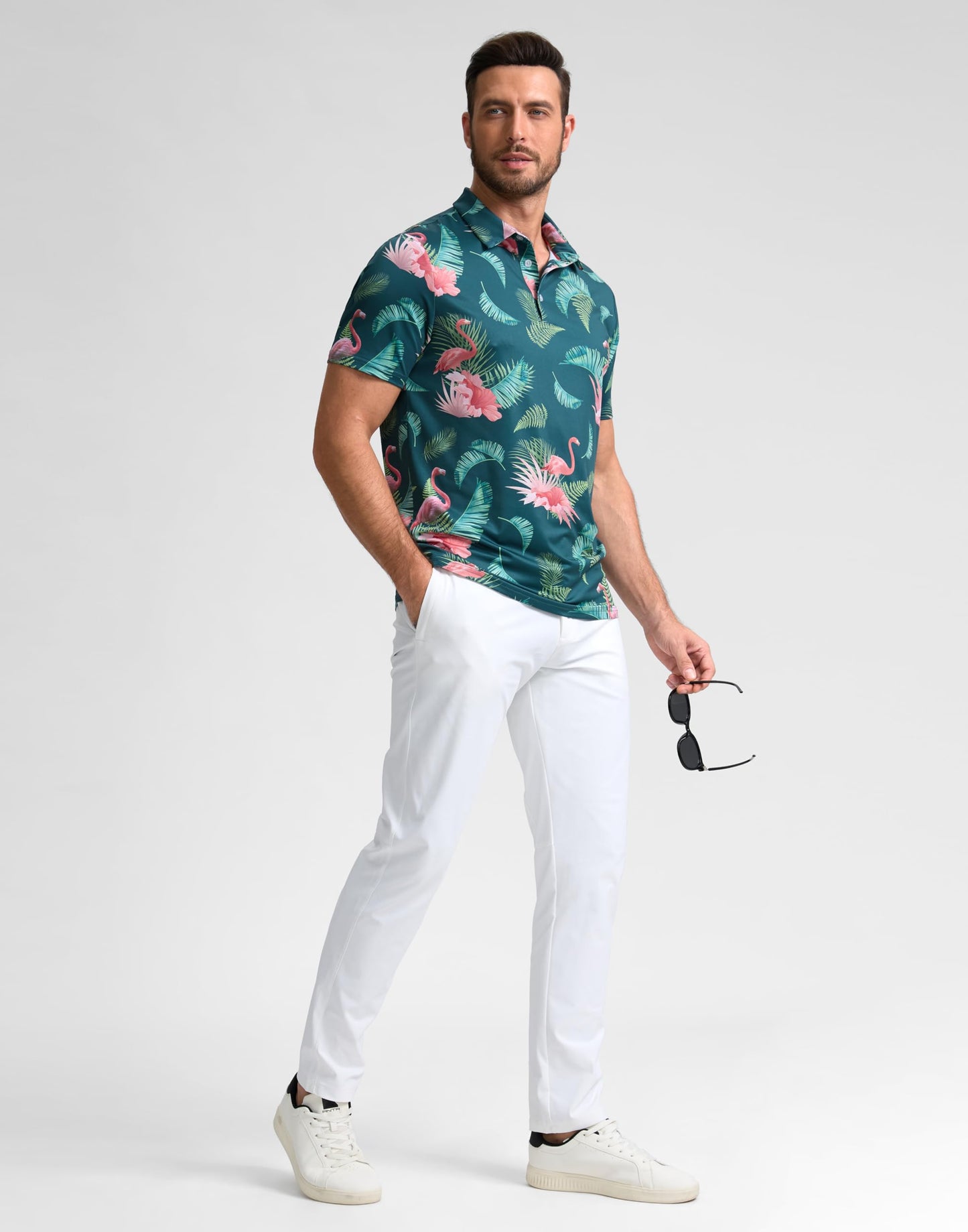 Obla Mens Golf Polo Shirts Short Sleeve Dry Fit Performance Moisture Wicking Casual Print Collared Golf Shirts for Men(Green Flamingo_4XL)