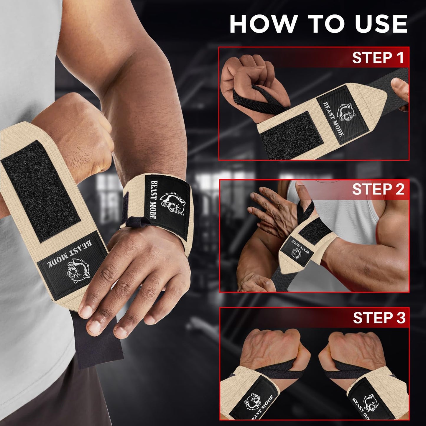 TECEUM Weightlifting Wrist Wraps with Thumb Loop – Beige – Arms on Fire – 18 inch – Heavy-Duty Workout Wrist Support & Protection – Ideal for Powerlifting, Strength Training, Bodybuilding