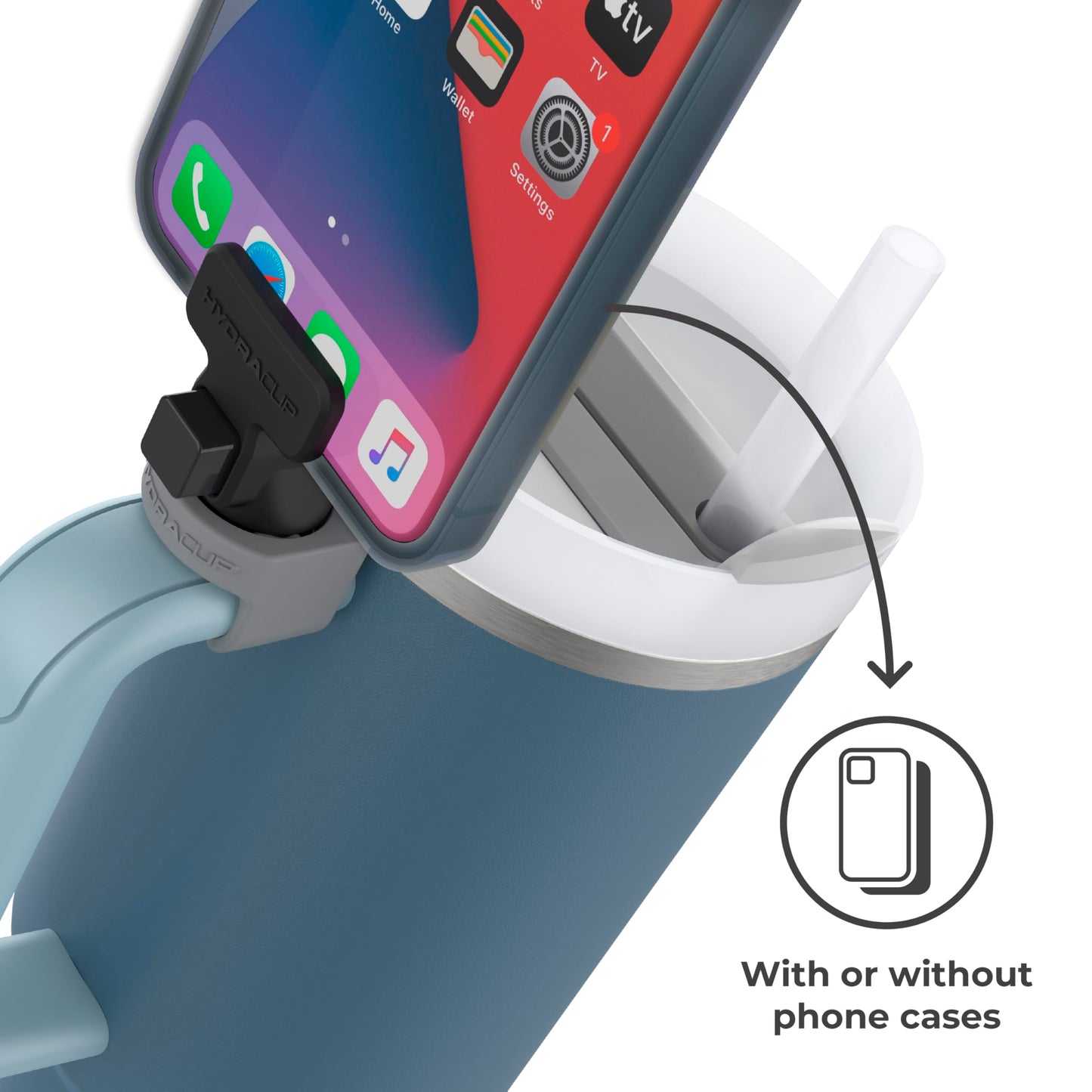 HydraClip Phone Attachment - Watch, Carry, Record, & Stay Organized, Use as Phone Stand or Tripod, Hands Free Detachable, Stanley Cup Accessories, Spring Loaded Secure Grip (Black)