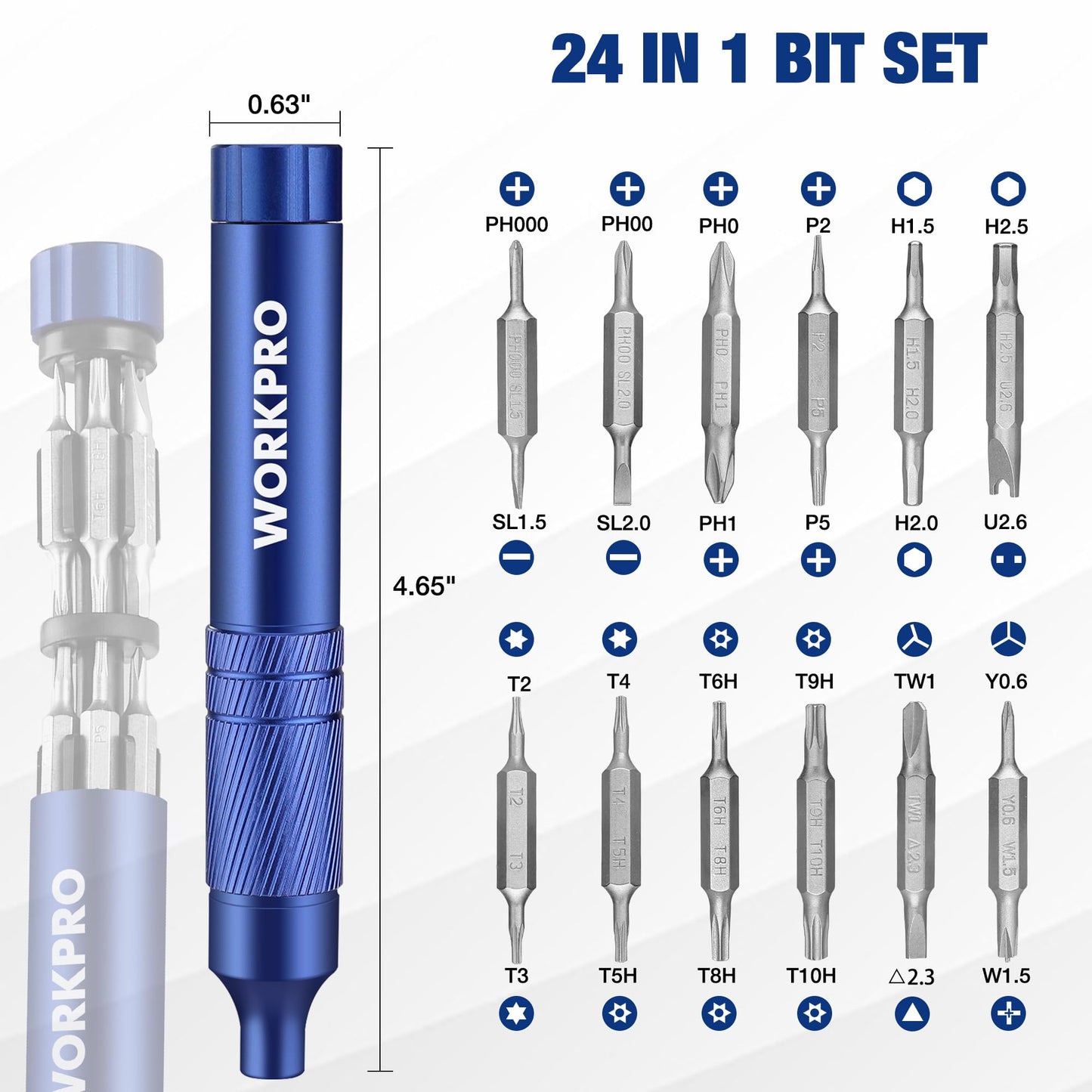 WORKPRO 24 in 1 Multi Bit Mini Screwdriver Set Magnetic, Manual Pen Screwdrivers, Tough S2 Steel Small Screwdriver Bits for Eyeglass, Watch, Laptop, Phone, Jewelry and Electronic, Blue