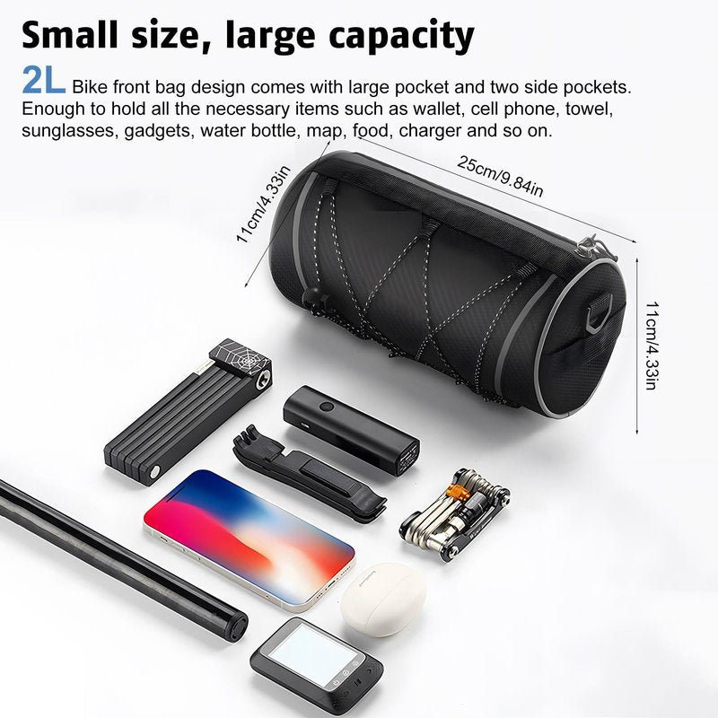 Bike Handlebar Bag - 2L Waterproof Bicycle Front Bag for Road & Mountain Bikes - Versatile Bikepacking Accessory with Reflective Safety Strips & Detachable Shoulder Strap - Fits E-bikes, Scooters