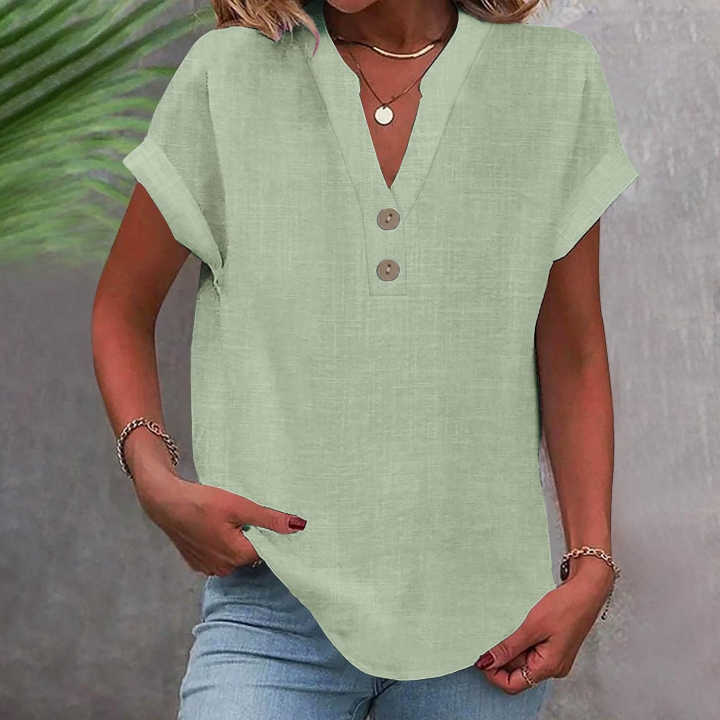 Linen Shirts for Women Cotton Button Up Shirt Short Sleeve Roll Up Loose Fit V-Neck Summer Casual Work Blouse Tops Green