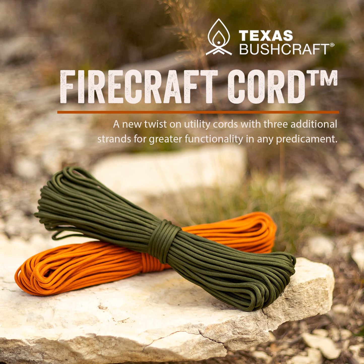 Texas Bushcraft Firecraft Cord - Utility Paracord Survival Rope, Parachute Cord for Survival Gear – 3 Extra Strands for Emergency Preparedness Fishing, Sewing and Tinder (Army Green, 100 ft)