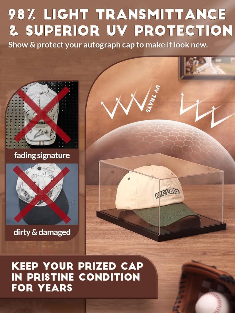 Acrylic Baseball Cap Display Case - Clear UV Protection Showcase with Solid Wood Base & Hat Shaper | Ideal Gift for Collectors, Black