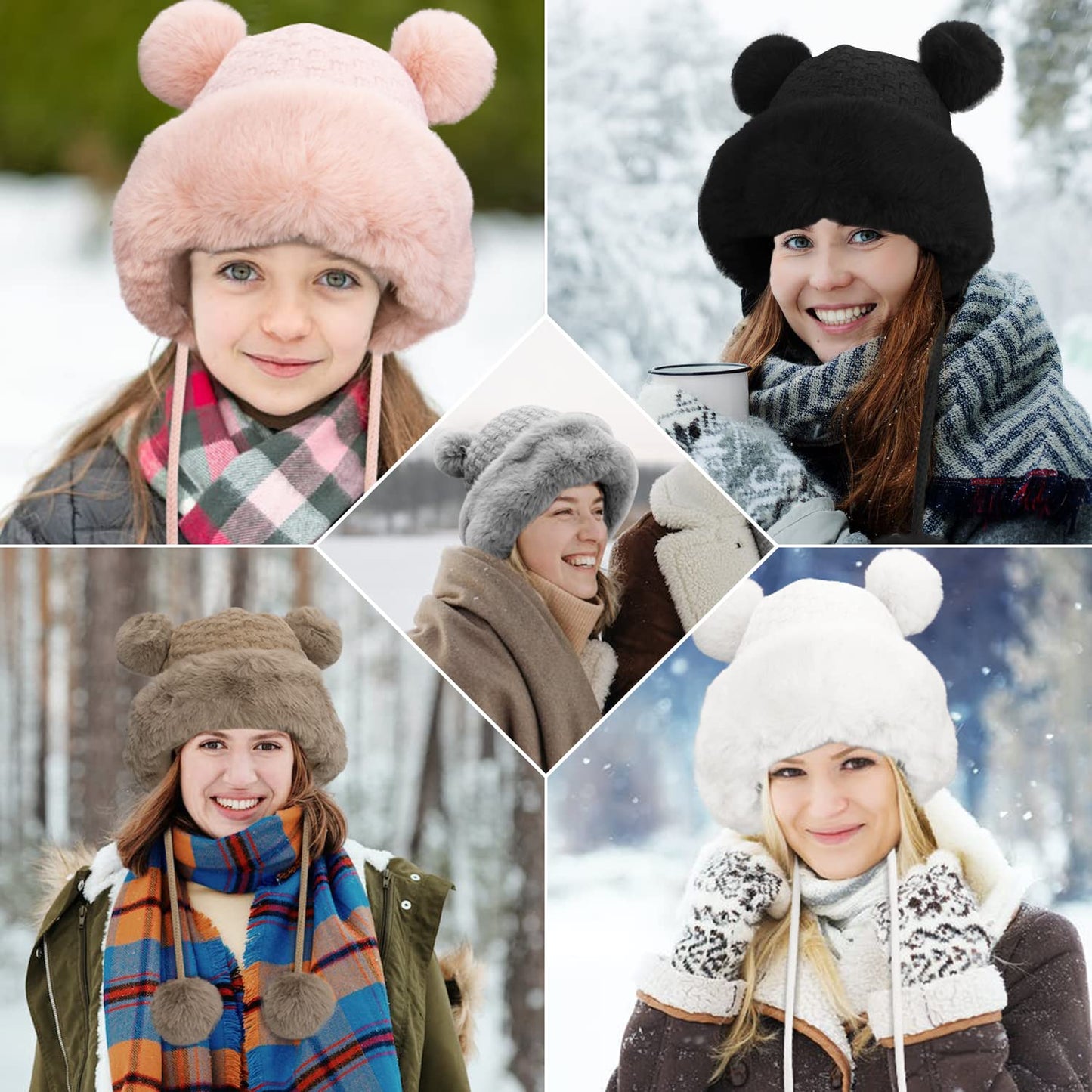 Peicees Winter Beanie Hats for Women Warm Knit Skull Cap Fur Hat with Pompom Russian Ushanka Trapper Hat Ear Cover Pink