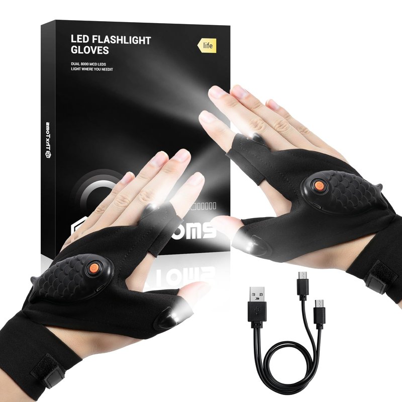 ThxToms Flashlight Gloves Rechargeable, Fathers Day Birthday for Men Husband Boyfriend Dad Him, Cool Gadgets Tools Finger Lights Waterproof for Repairing Fishing