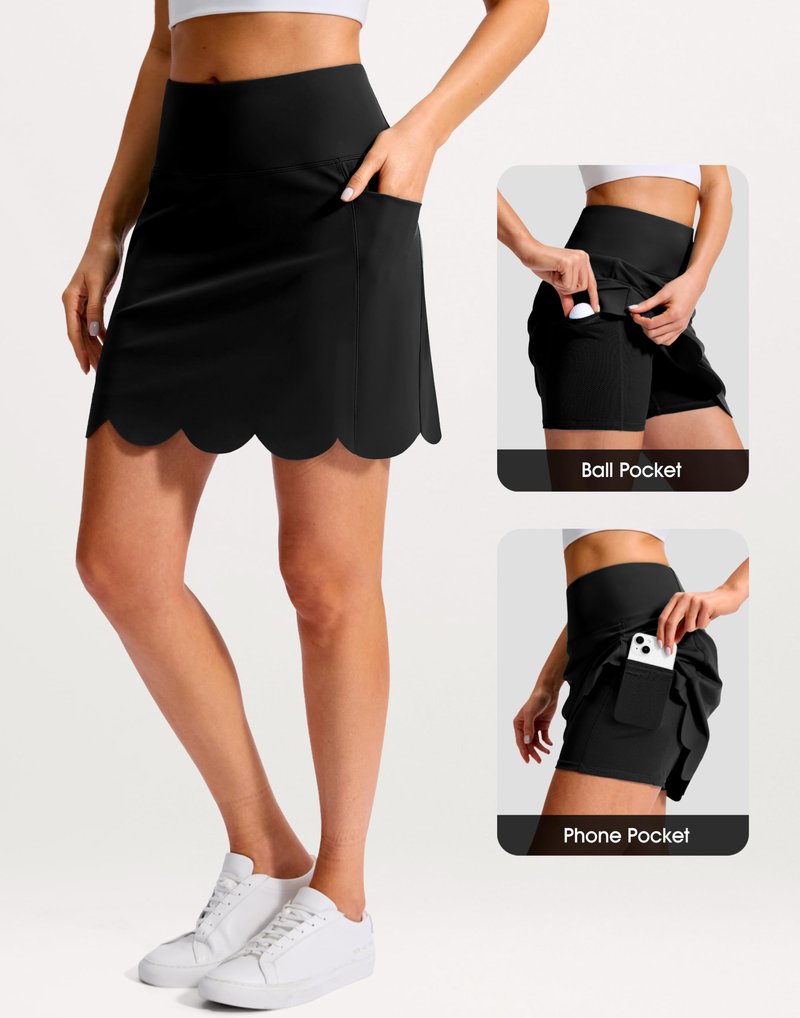 SANTINY 16" Skorts for Women with 4 Pockets High Waisted Scalloped Hem Athletic Tennis Skirt Golf Skort Dressy Casual (Black_L)