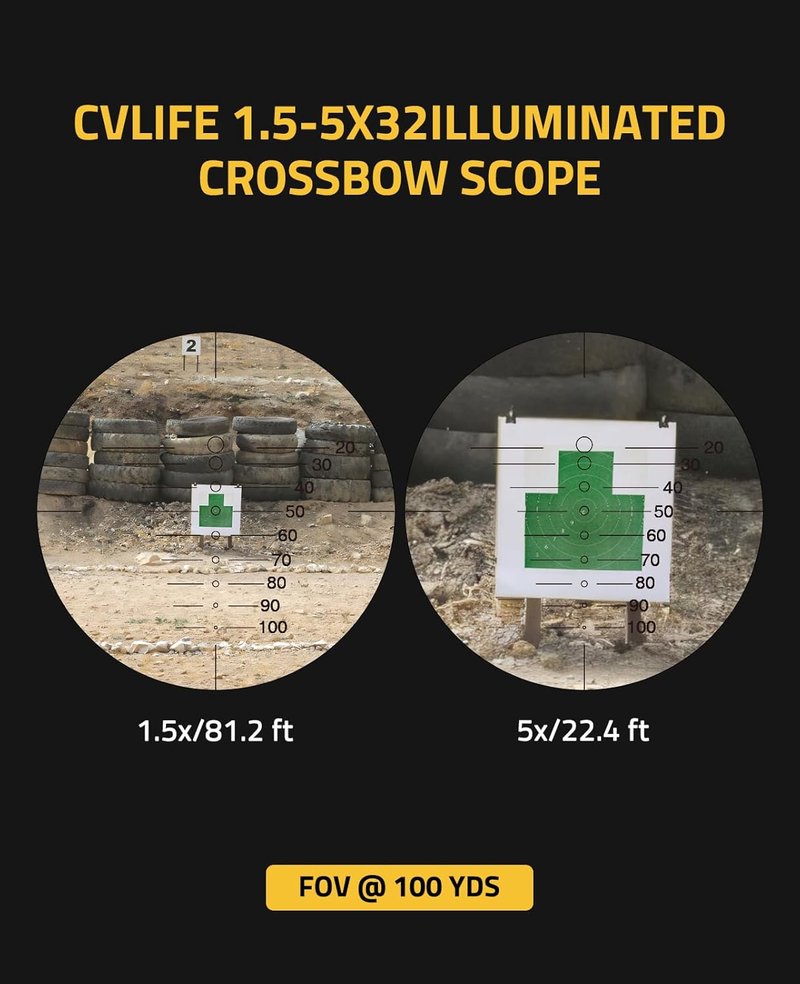 CVLIFE Crossbow Scope - 1.5-5x32 Etched Glass Reticle | Red Green Illumination, 20-100 Yards