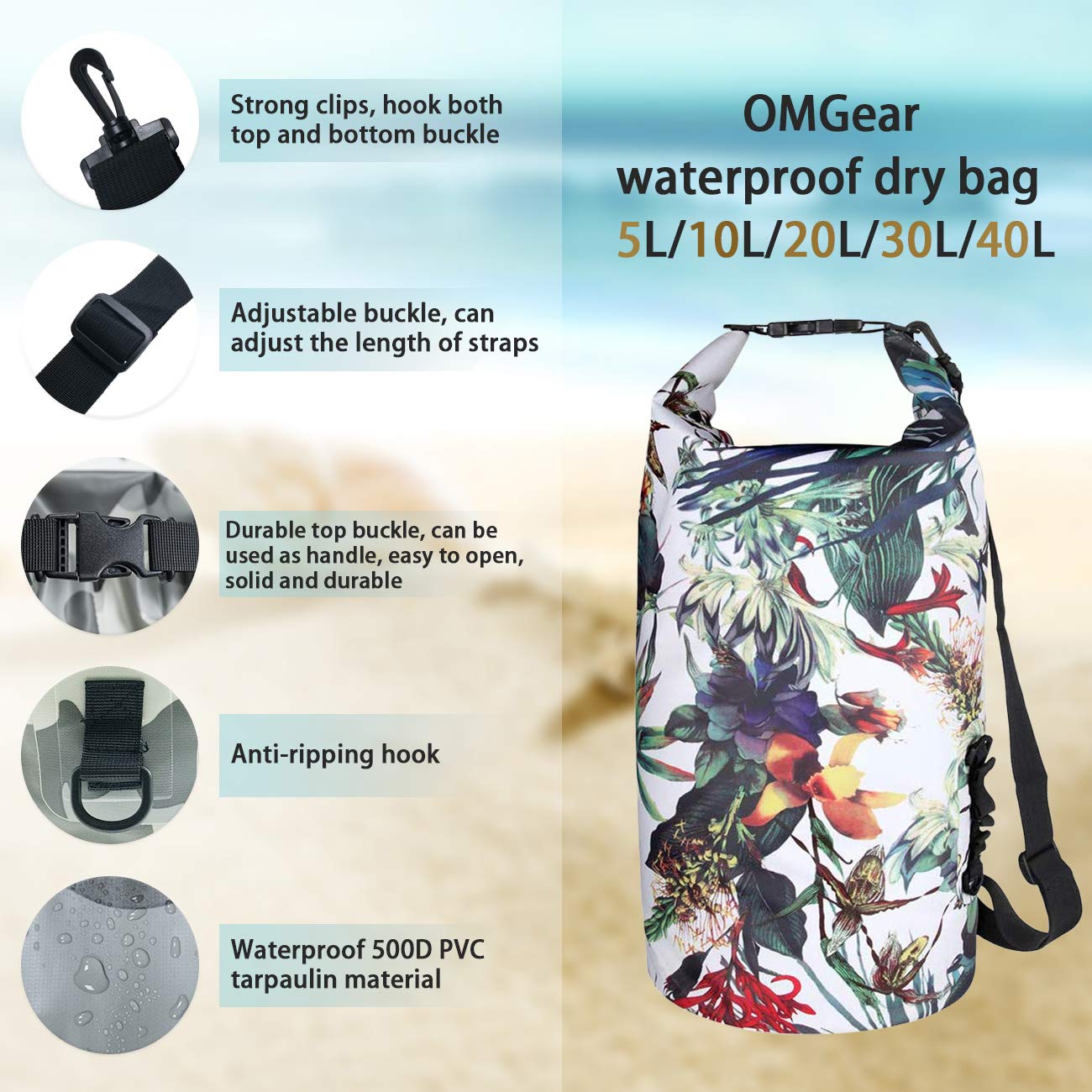 OMGear Waterproof Dry Bag Backpack Waterproof Phone Pouch 40L/30L/20L/10L/5L Floating Dry Sack for Kayaking Boating Sailing Canoeing Rafting Hiking Camping Outdoors Activities (camouflage1, 10L)