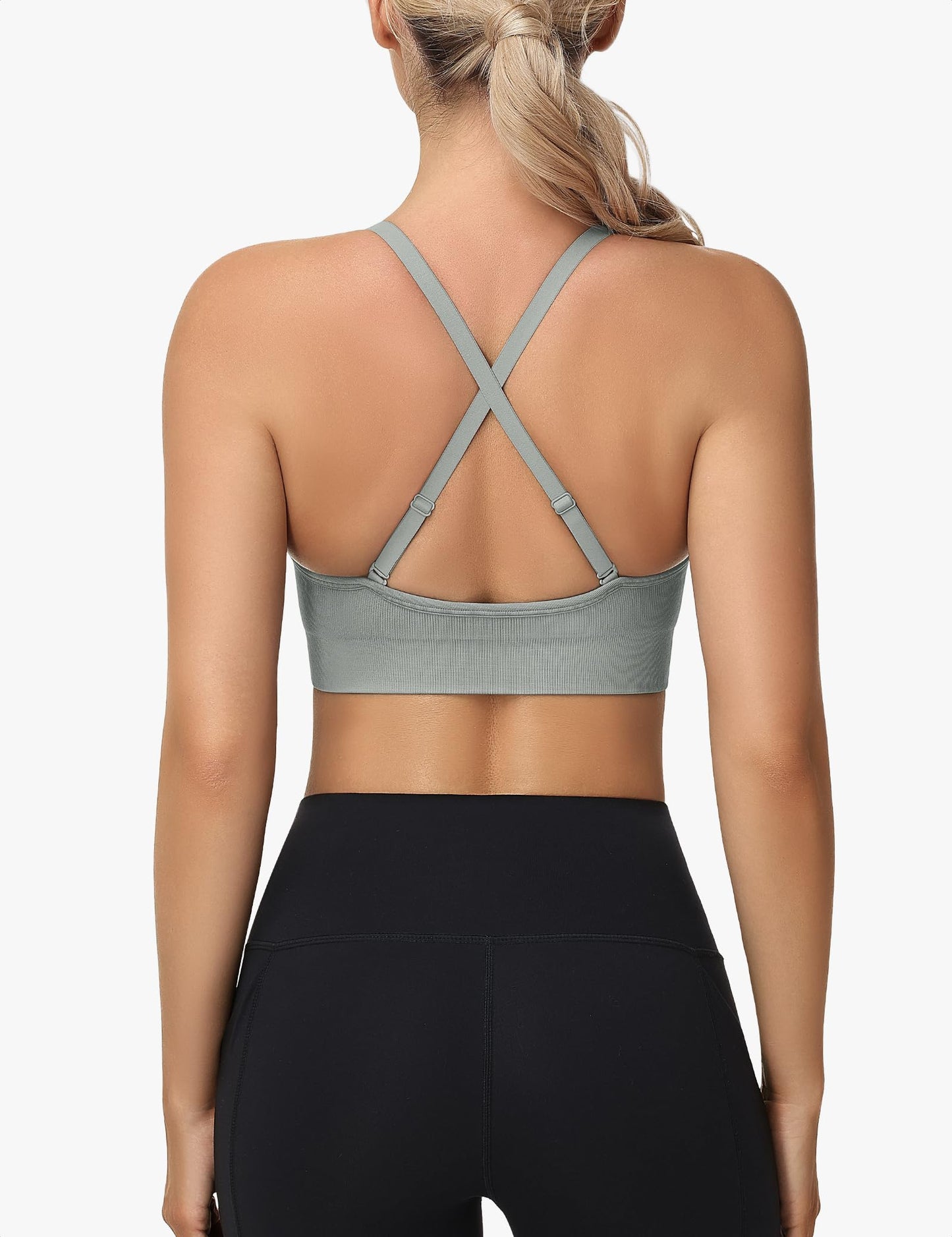 WANAYOU Sport Bras for Women, Low Cut Adjustable Spaghetti Strap Cross Back Womens Sports Bras with Padding Low Support Wireless Seamless Sexy Bralette for Workout 3 Pack Black White Grey Medium