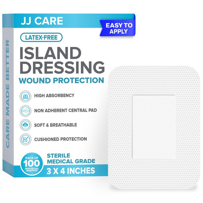 JJ CARE Adhesive Island Dressing [Pack of 100], 3x4 Sterile Bordered Gauze, Breathable Island Wound Dressing, Individually Wrapped Adhesive Gauze Bandages with Non-Stick Central Pad