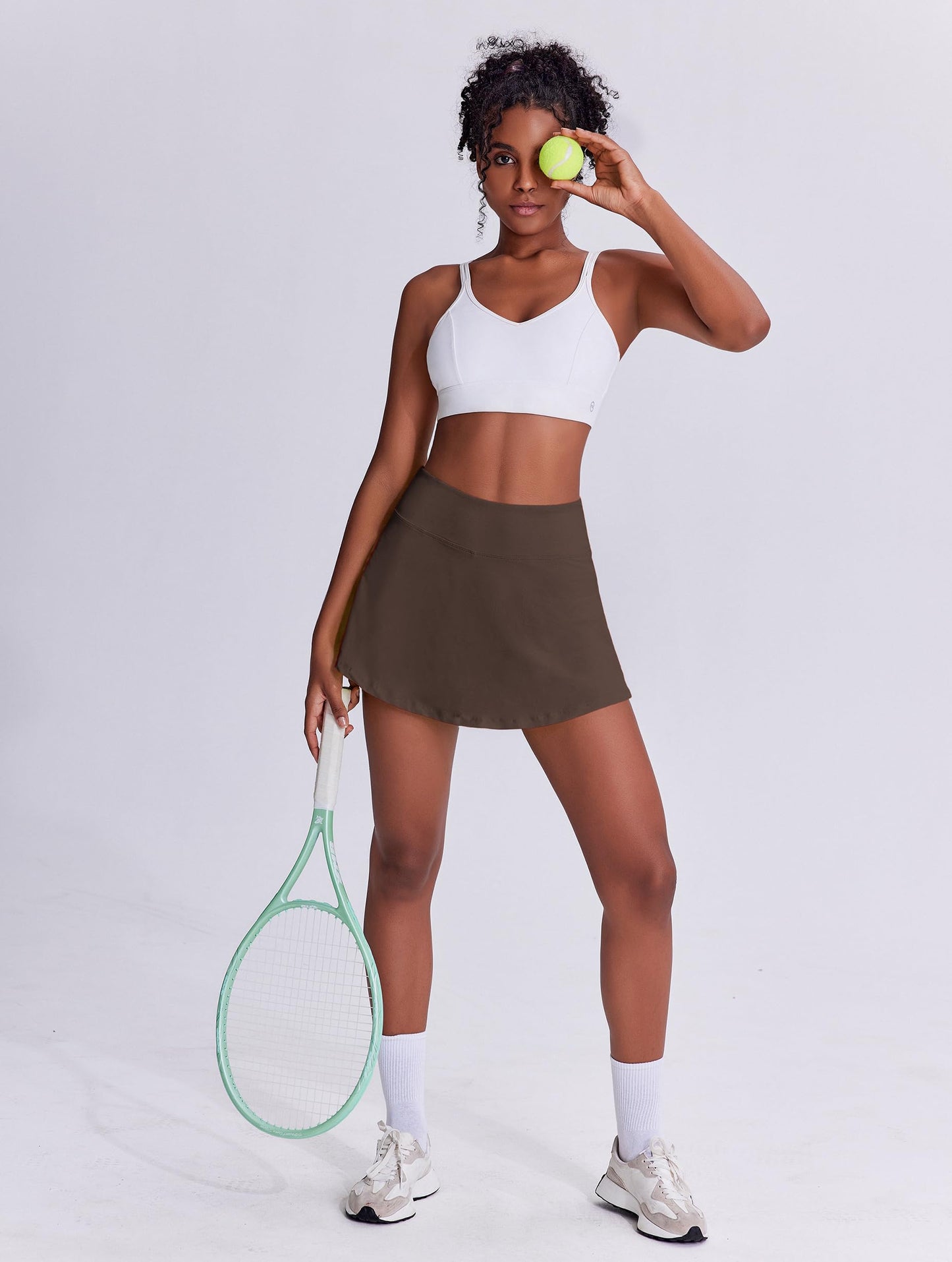 PINSPARK Tennis Skirts for Women Lightweight Golf Skirt with Pockets Stretchy Pickleball Skorts Quick Dry Athletic Skort Flowy Pleated Active Skirt, Espresso Brown Large
