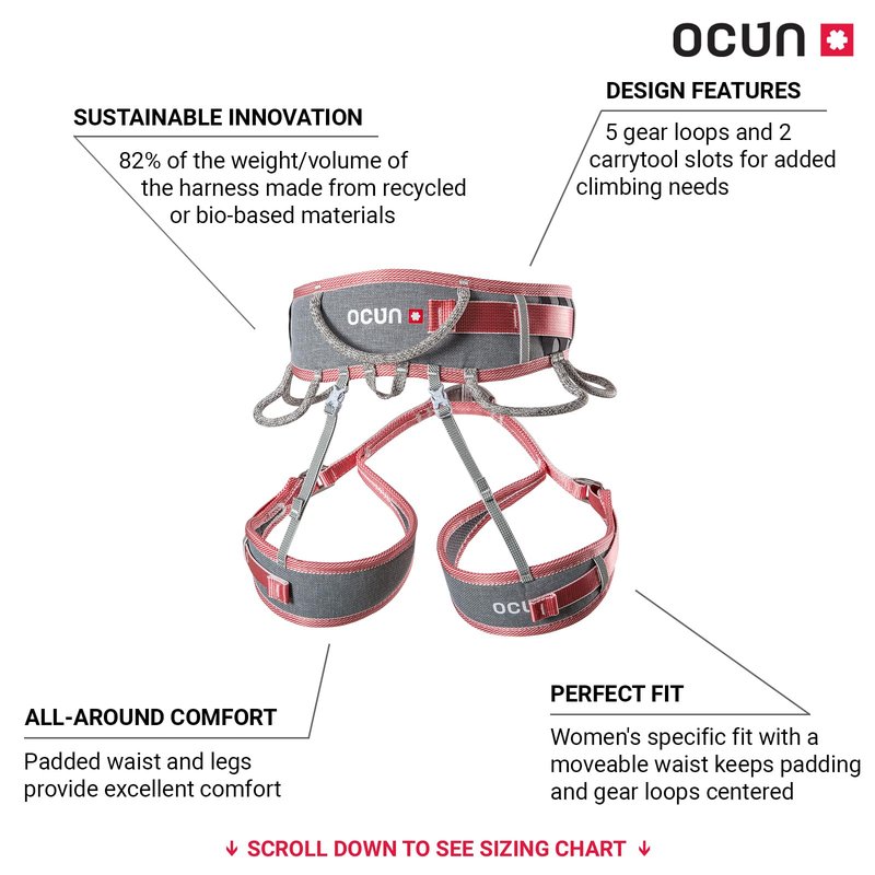 Ocun Women’s Twist Tech Eco Lady Climbing Sport Harness, Lightweight Three Buckle Harness for Trad, Alpine & Rock Climbing, Grey/Red, M-L