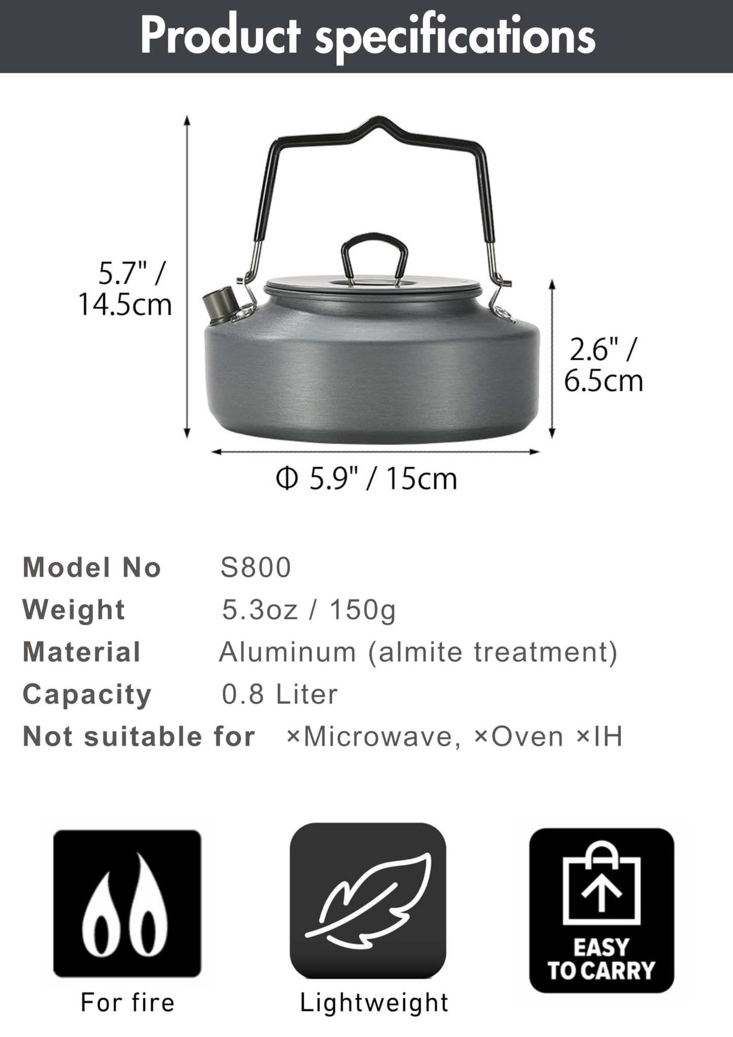 CAMPINGMOON 0.8L Camping Kettle Coffee Tea Pot Portable Ultra-Light S800
