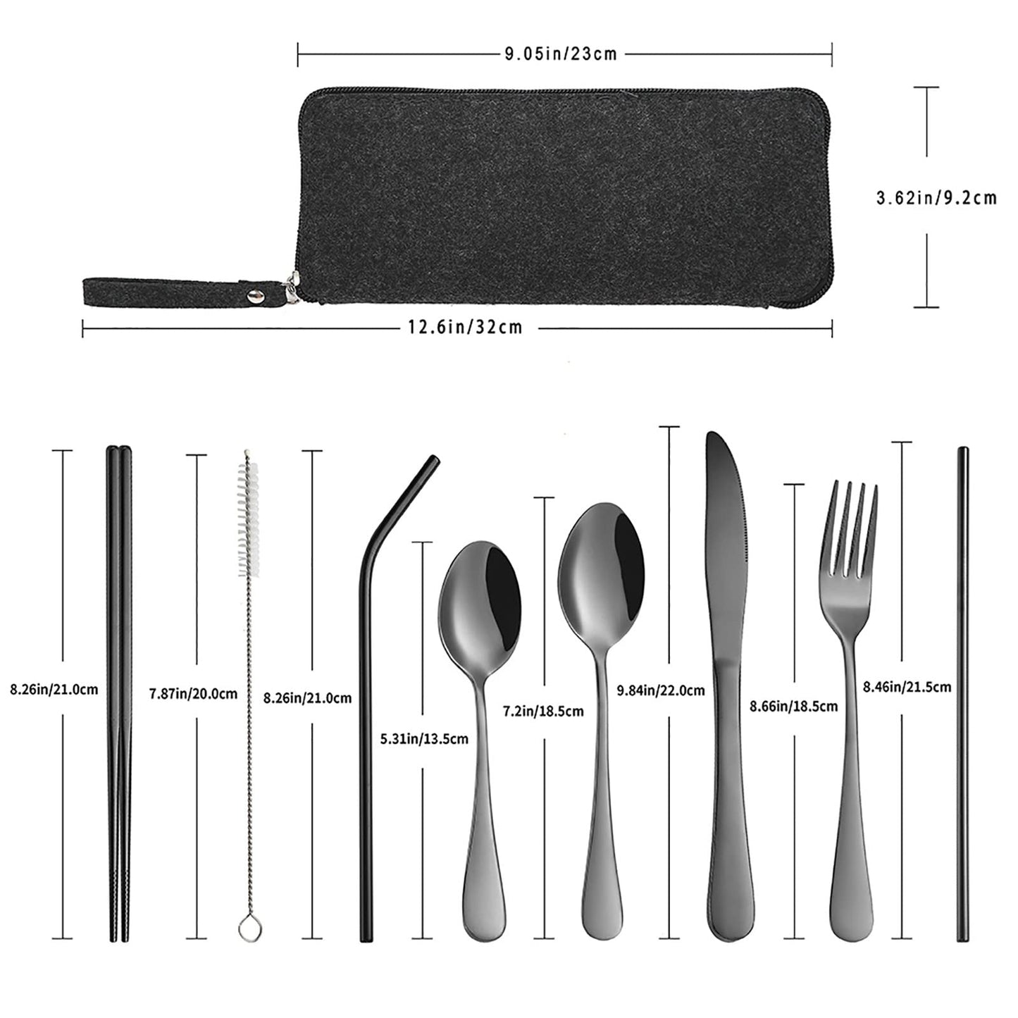 VANDBAO Portable Travel Utensils, Reusable Silverware with Case for Fixing Tableware, 9 Pieces Stainless Steel Stable Flatware Set, Camping Picnic Cutlery Set (Black Set)