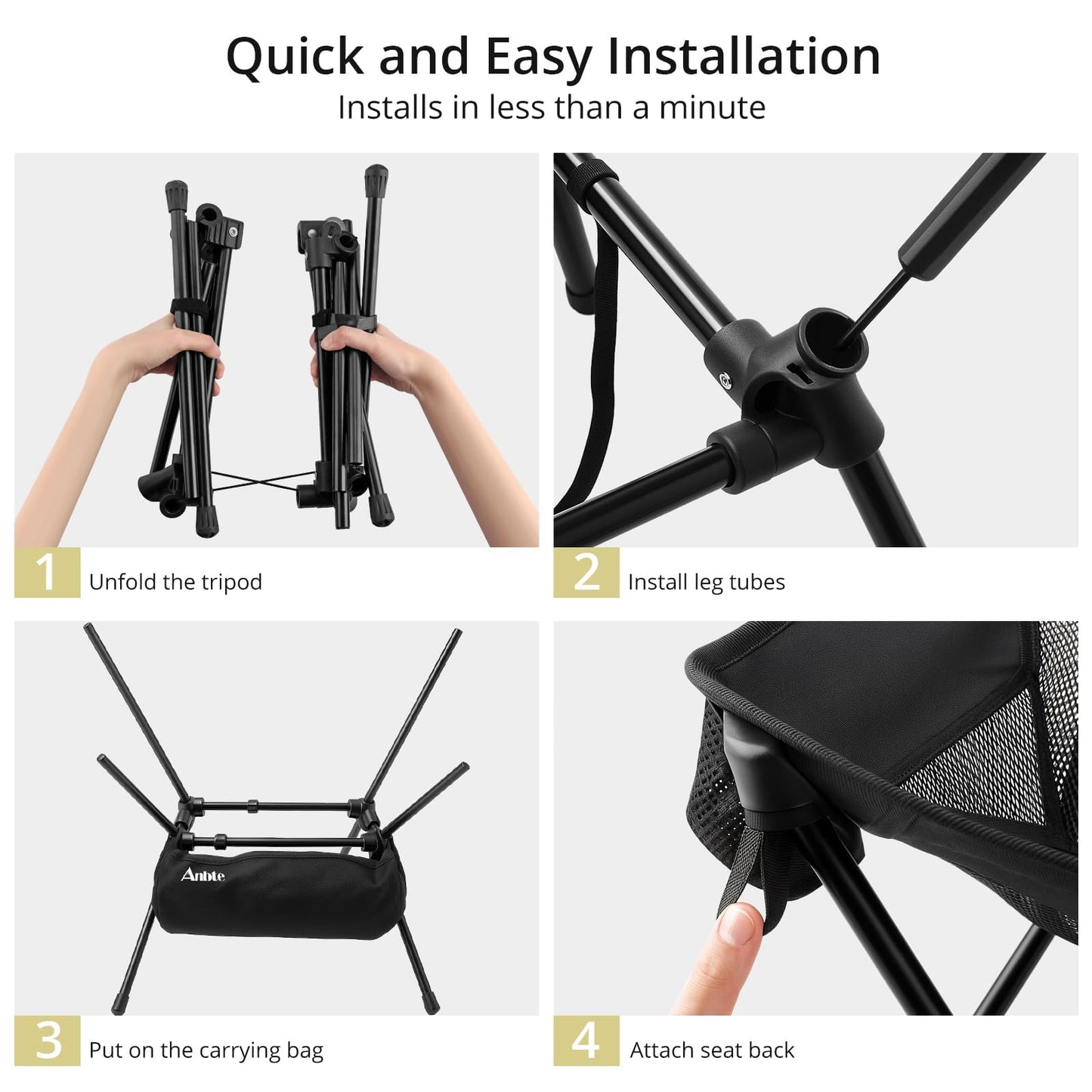 Anbte Extra Height & Width Portable Camping Chair, 400LBS Capacity Compact Folding Chair with Square Frame Quick Setup Storage Bags on Both Sides, Ideal for Camping Hiking Beach Picnic Outdoor, Black