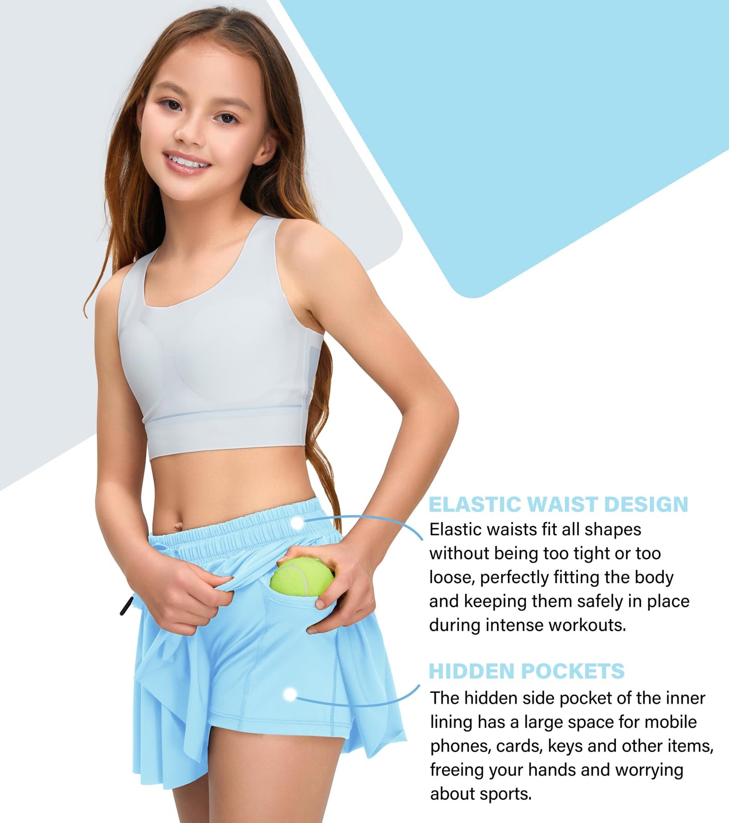 Kids Girls Athletic Flowy Shorts for Running Sports Fitness Active Workout Youth Butterfly Elastic Waist Skirts Shorts (Light Blue, M)