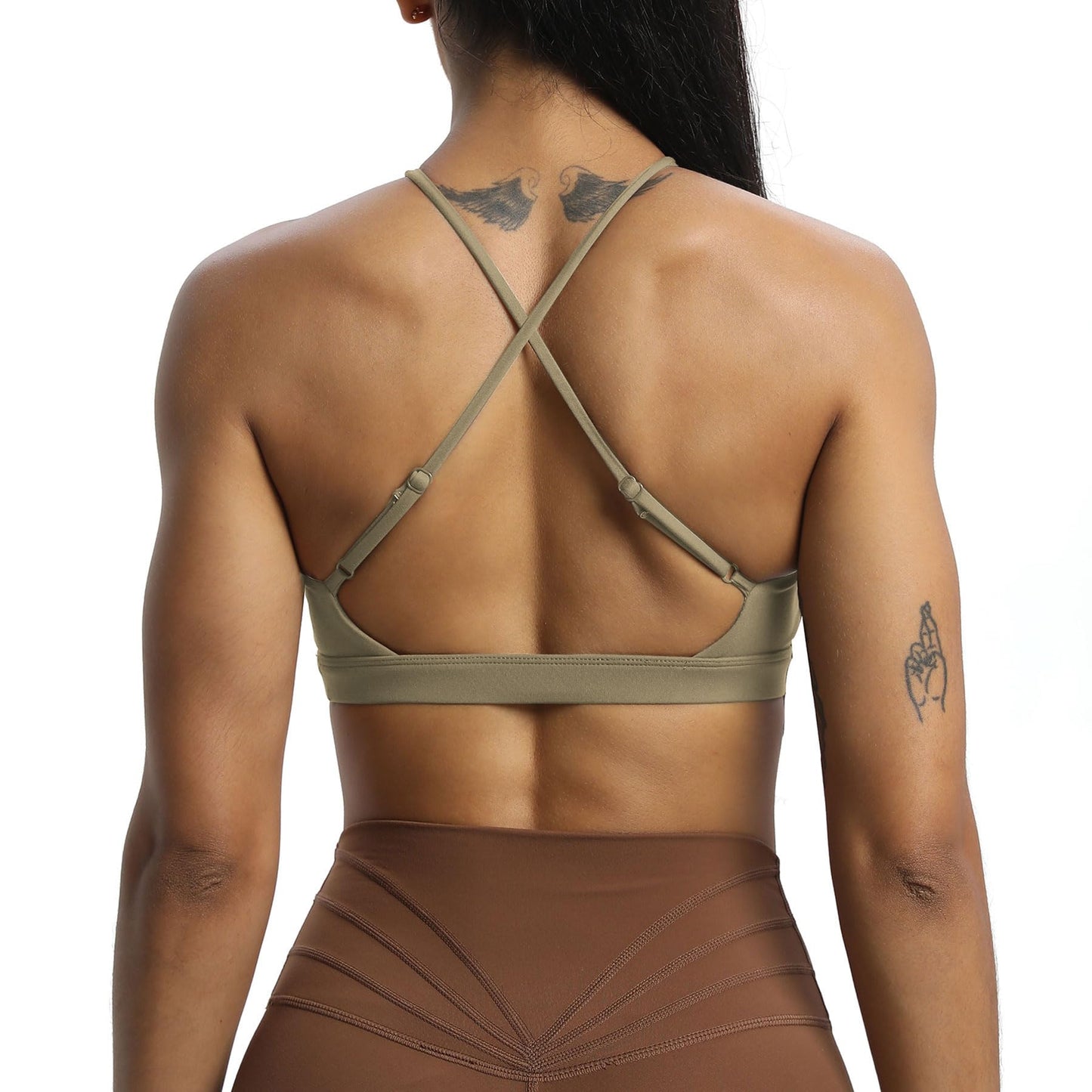 Aoxjox Women's Workout Sports Bras Jamie Deep V Fitness Backless Padded Training Gym Bra Yoga Crop Tank Top (Taupe, Large)