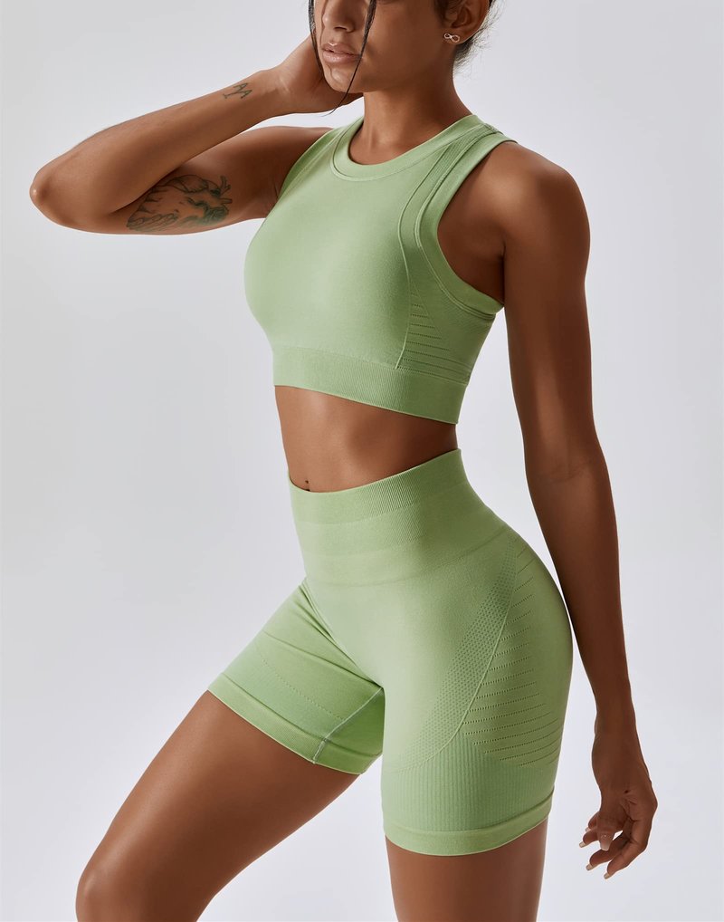 ABOCIW Workout Sets for Women Seamless Racerback Sport Bra Padded Yoga Tank Tops Tummy Control High Waist Biker Shorts Gym Yoga 2 Piece Outfits Light Green Large