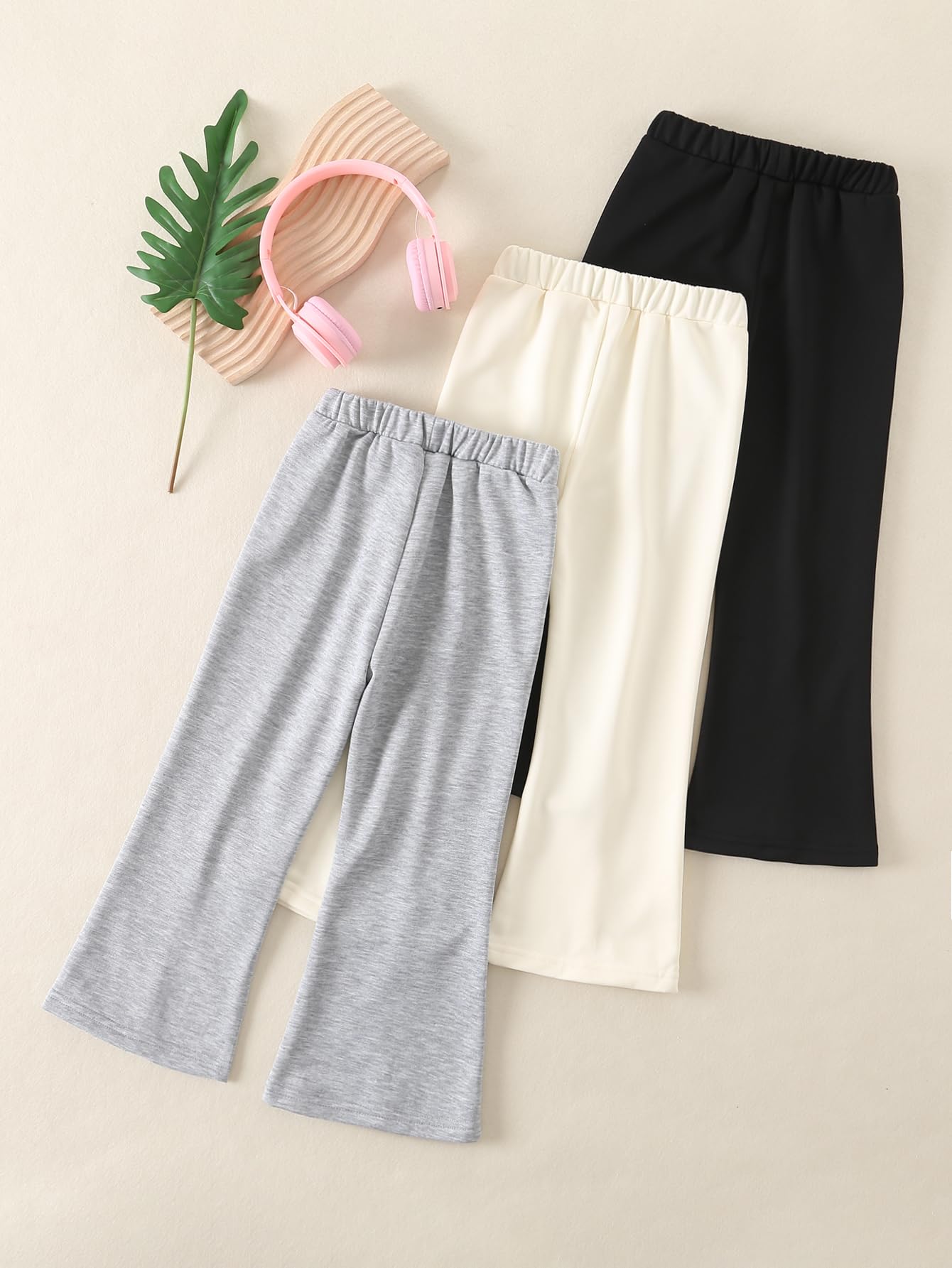 Fdqin Girls 3 Pcs Wide Leg Sweatpants Casual Elastic Waist Straight Leg Jogger Pants with Pockets Multicolor 7-8Years