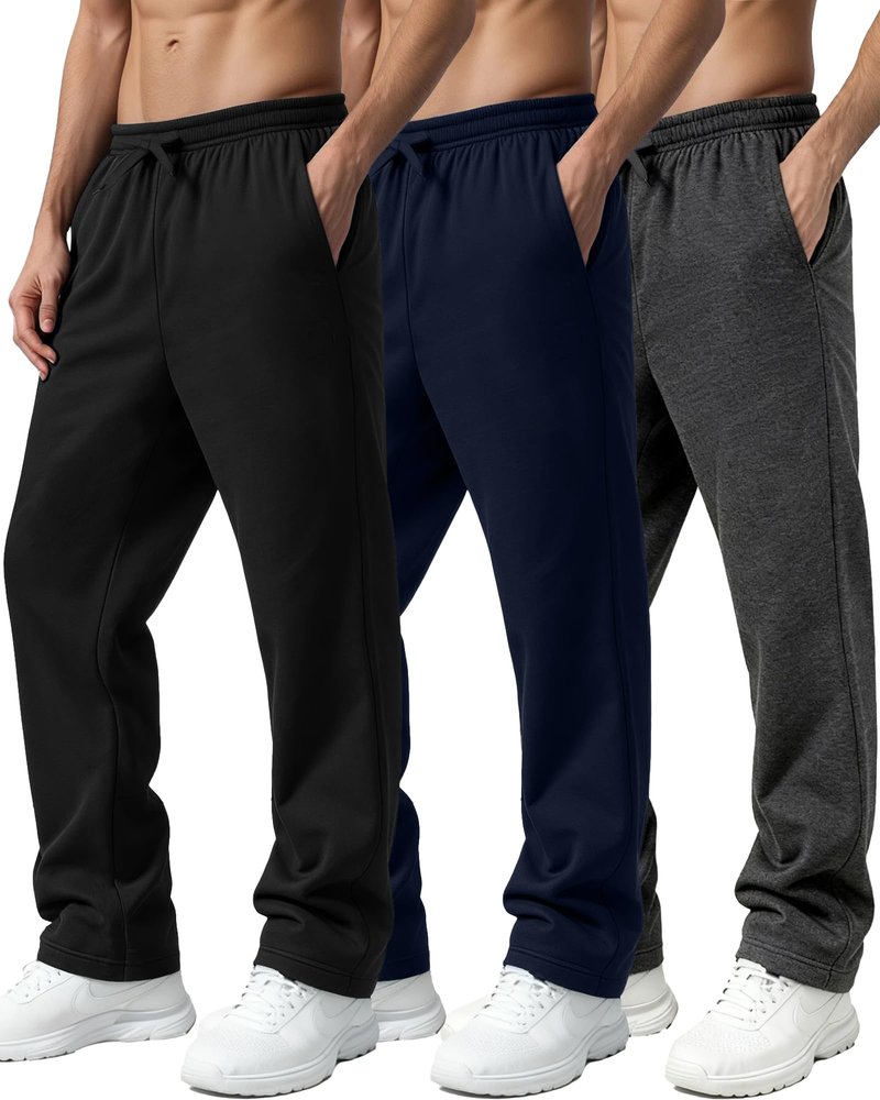 3 Pack Fleece Sweat Pants for Men, Athletic Open Bottom Mens Baggy Wide Leg Sweatpants with Pockets Loose Relaxed Fit Men's Joggers Drawstring Lounge Workout Gym Active Pants Black Navy Blue Grey XL