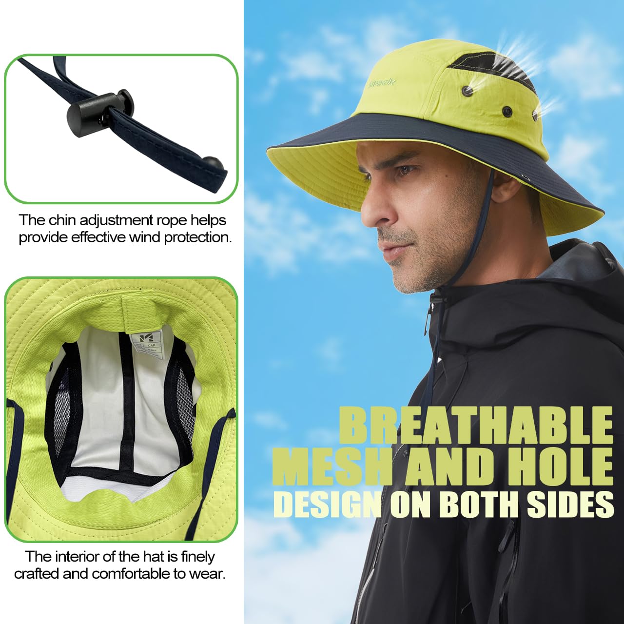 Sireck Sun Hat for Men Women UPF50+ Fishing Hat Waterproof Breathable Bucket Hat, UV Protection Wide Brim Summer Safari Hats for Outdoor Hiking Beach Camping Garden (Fluorescent Yellow)