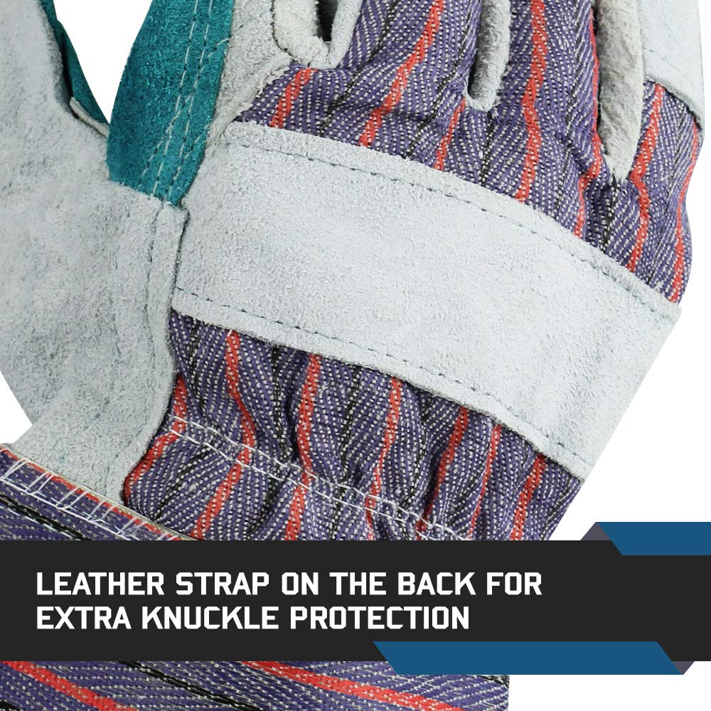 Glove Station Heavy Duty Double-Layer Cowhide Split Leather Palm Work Gloves with Rubberized Safety Cuff (Large (L), 12-Pack)