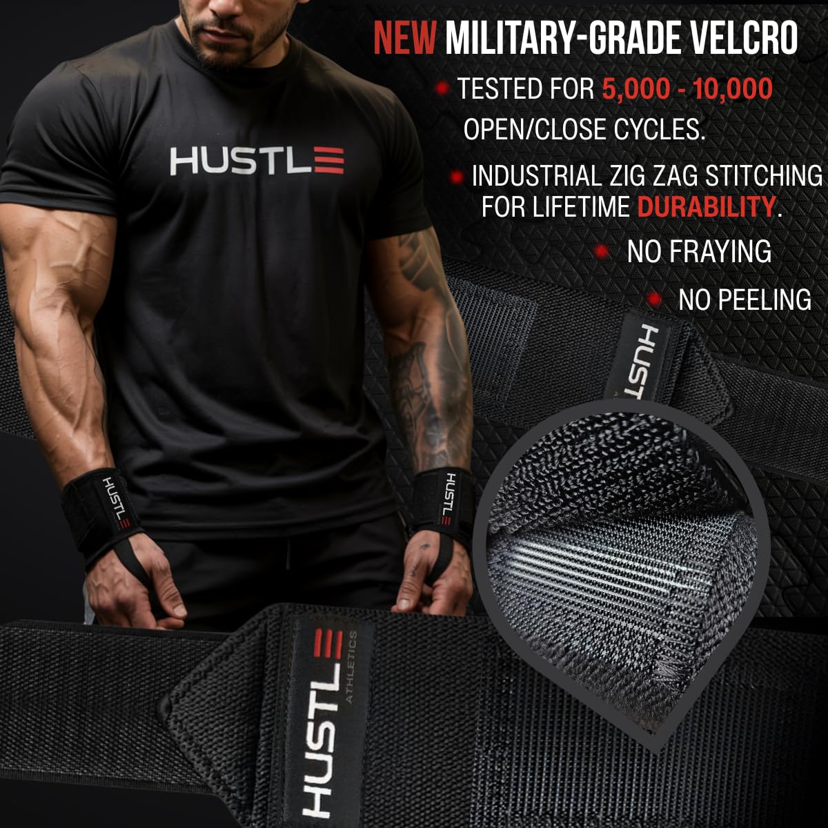 Hustle Athletics Wrist Wraps for Weightlifting, USPA-Approved 12" Wrist Support Straps for Bench Press, Squats & Overhead Press, Heavy-Duty Gym Wraps for Men and Women
