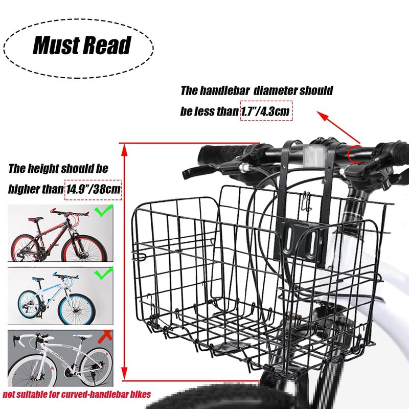 Folding Bike Front Basket, Bicycle Wire Basket with Handles, Easy Installation on Front Handlebar Accessories for Frame Cargo Rack.