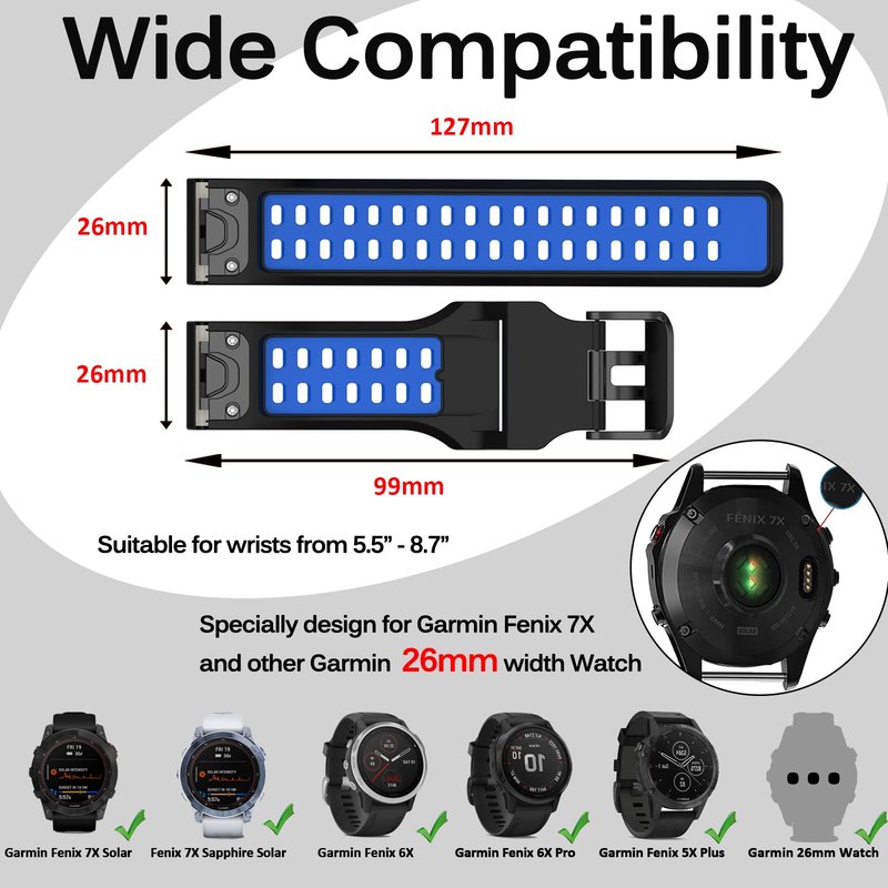 Miimall Compatible for Garmin Fenix 7X/6X/5X Bands, 26mm Width Soft Silicone Sport Waterproof Wristband Strap Band for Garmin Fenix 7X Solar/Fenix 6X/Fenix 5X Plus 26mm Quick-fit Band (Black, Blue)