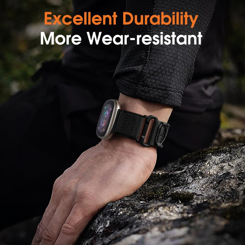 Bandletic Tactical Rugged Bands Compatible with Fitbit Versa 4 Bands, Soft Durable Military Nylon Solo Loop Sport Straps for Fitbit Versa 3/Sense 2/Sense, Large, Black