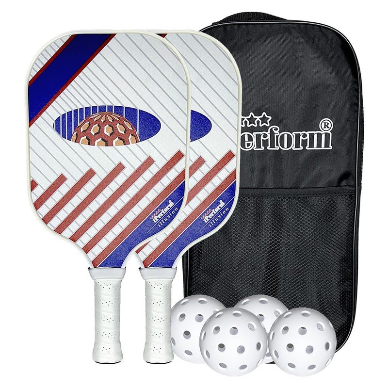 Pickleball Paddle Set Two Fiberglass Paddles & 4 White Balls with Black Bag Illusion by iPerform Brand (2 Paddles w/4 White Balls, Standard)