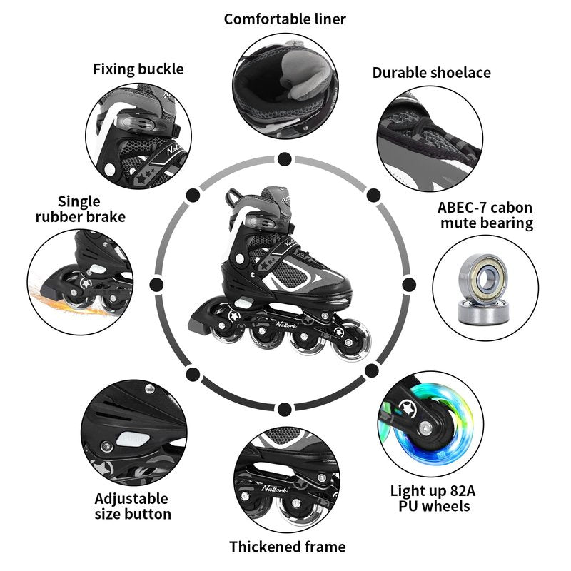 MonSports Adjustable Inline Skates for Kids,Black Blade Roller Skates with Light-up Wheels for Beginner Boys,Girls and Youth Size S(US10-13c)