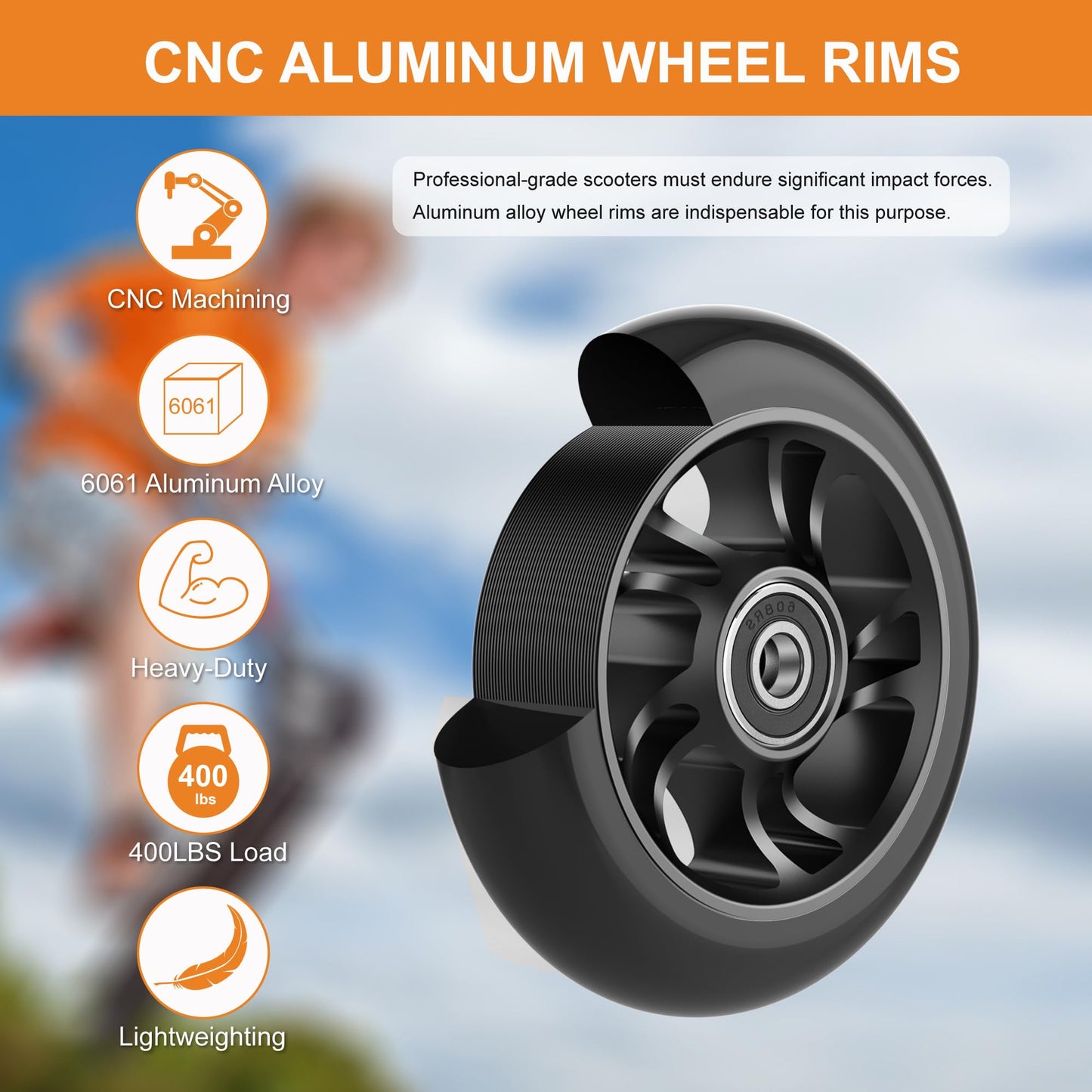 Scooter Wheels Pro Replacement Parts - 100mm With Aluminum Alloy Wheel Rim and Anti-Lock Bearing, Scooter Replacement Parts for Razor Scooters (100mm Black)