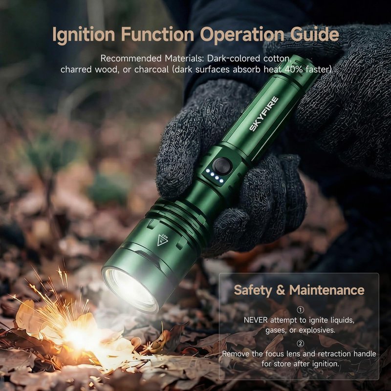 SKYFIRE 1376 LED Flashlights with Ignition Lens, Rechargeable 2000 High Lumens Zoomable Flash Light, 5 Modes Waterproof IPX6 Powerful Tactical Flashlight for Emergency Camping Essentials Home (Green)
