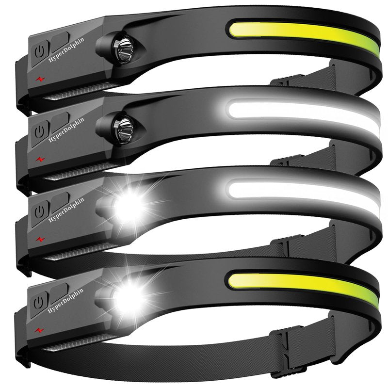 HyperDolphin Headlamp Rechargeable LED (4 Pack) 230° Wide Beam, USB-C Lightweight Head Lamp, Long Runtime, Water-Resistant for Camping, Hiking, Running, Fishing, Repair Work