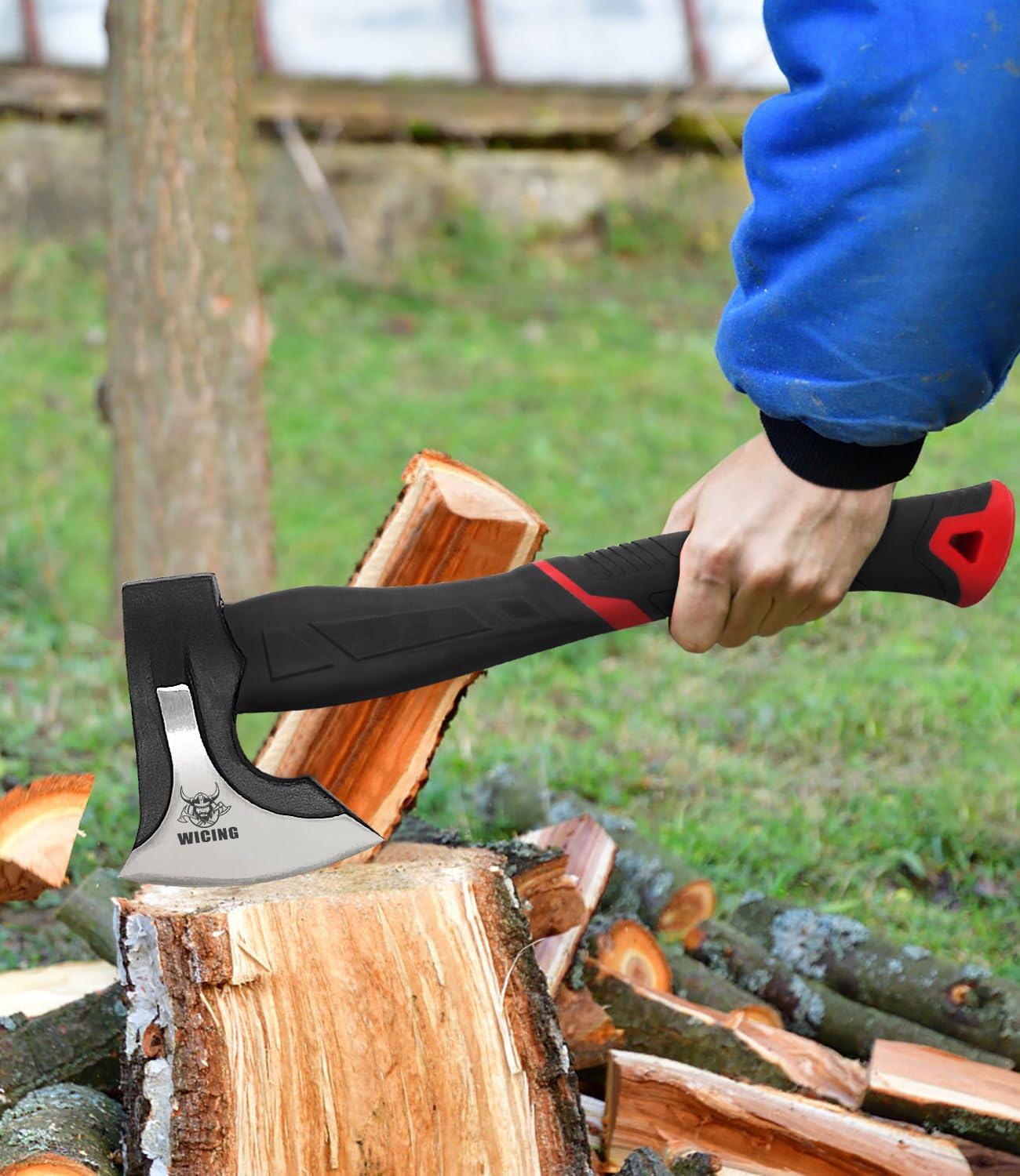 WICING 15 inch Hatchet for Small to Medium Size Kindling, Splitting Axe 1065 High Manganese Steel and Ergonomic Fiberglass Handle, 2.3 pounds