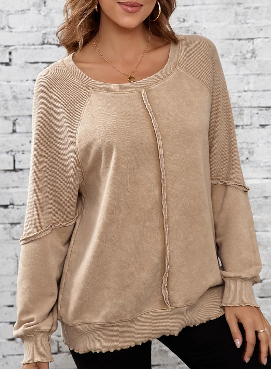 Women's Oversized Crewneck Sweatshirt - Casual Off-The-Shoulder Waffle Knit Pullover