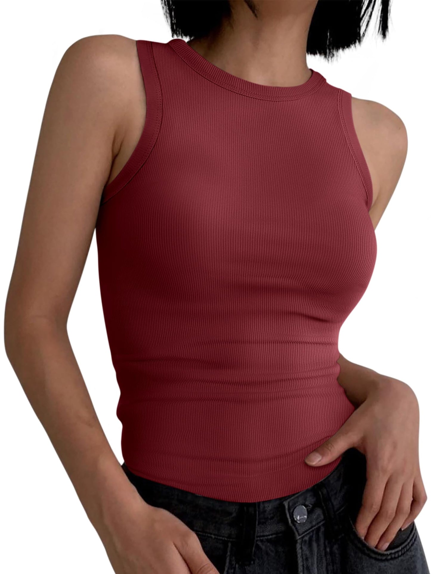 ANRABESS Womens Sleeveless High Neck Tank Tops Fashion Summer Casual Basic Slim Fit Ribbed Racerback Top Shirt Clothes Burgundy-X-Small