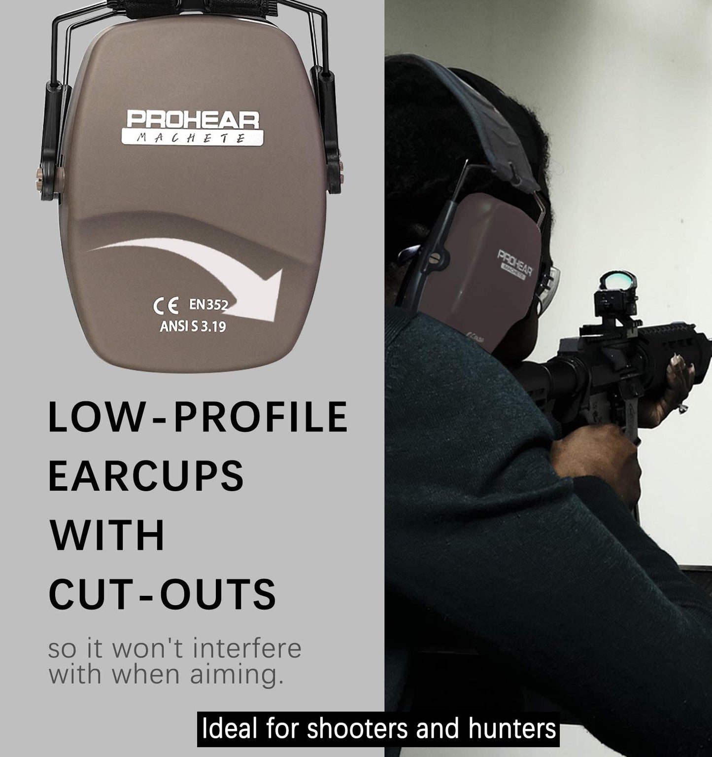 PROHEAR 016 Ear Protection Safety Earmuffs for Shooting, NRR 26dB Noise Reduction Slim Passive Hearing Protector with Low-Profile Earcups, Compact Foldable Ear Defenders for Gun Range, Hunting (Brown)