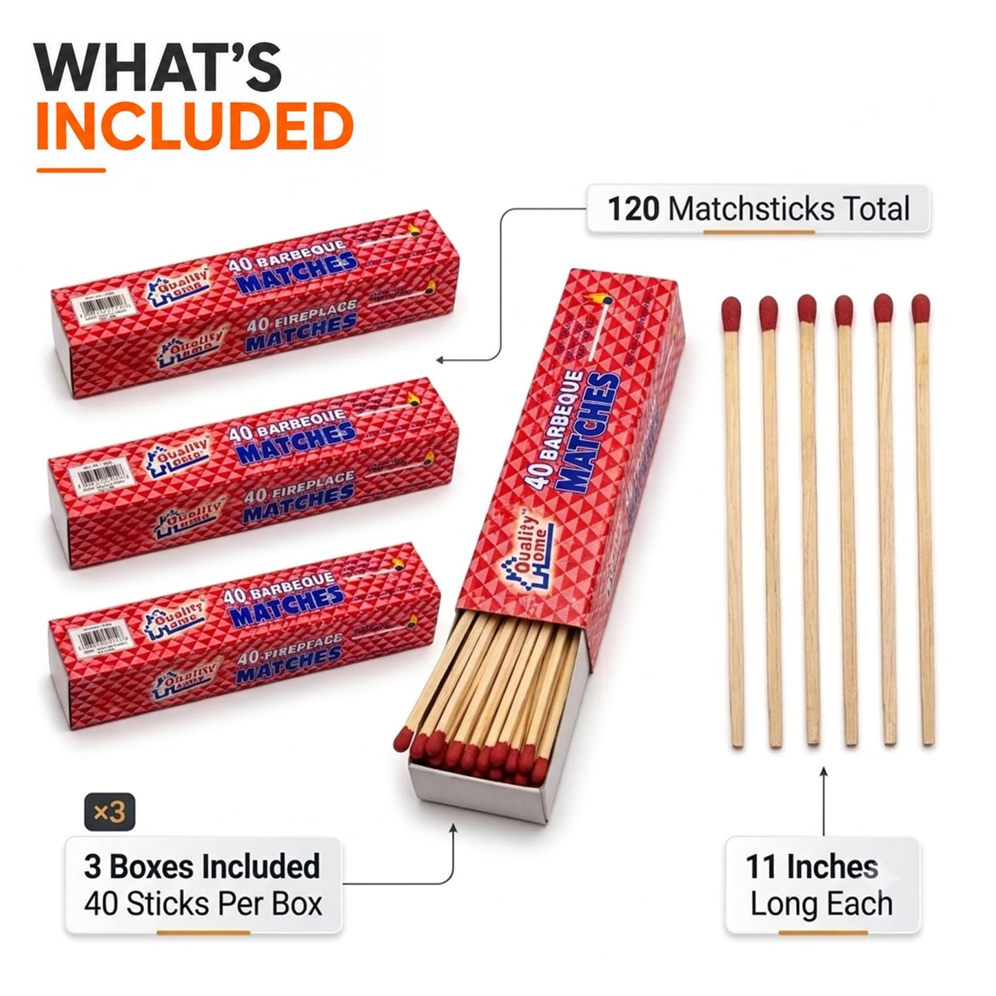 Quality Home Long Wooden Fireplace Matches for Candles, Camping, BBQ Grilling - 11" Matches, 40 in Each Box (3)