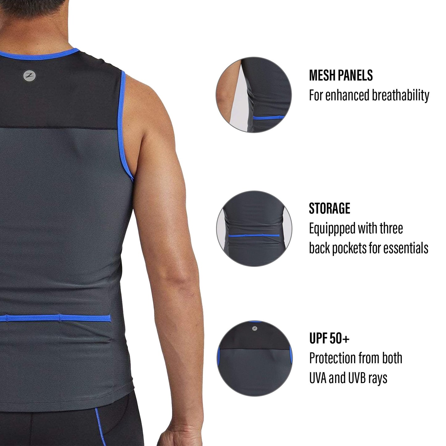 Zoot Men’s Core Tri Tank – Men’s Performance Triathlon Tank Top with 3 Back Pockets, Mesh Panels, and Cam Lock Zipper (Royal Blue, Small)