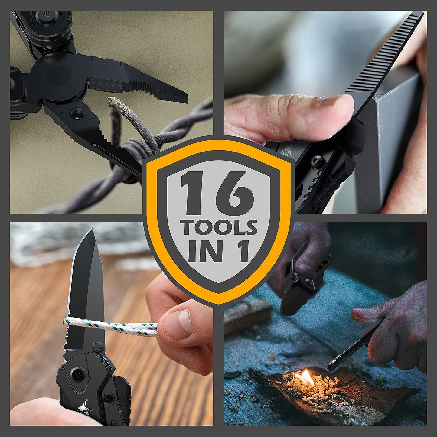 Multitool Knife Camping Survival Knife Unique Gifts for Men Dad Husband 16 in 1 Pocket Multitools Knife Pliers Screwdrivers Bottle Opener, Multi Tool Gadgets with Safety Lock Nylon Sheath