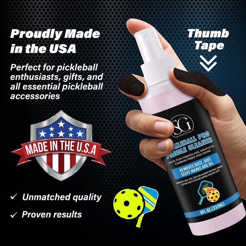 Pickleball Paddle Cleaner Spray with Cleaning Cloth and Thumb Tape - Removes Dirt, Ball Residue, Scuff Marks - EPA Safer Ingredients, Pickleball Accessories, Pickleball Gifts - 8 FL Oz