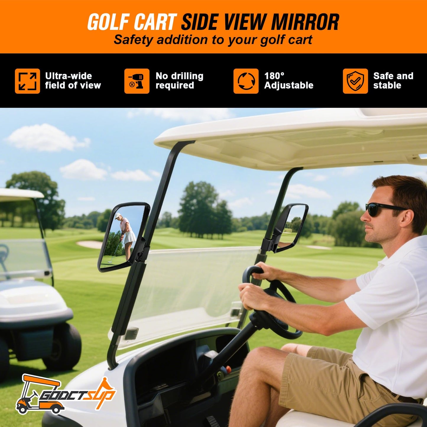 GODCTSUP Golf Cart Mirrors, No Drilling Golf Cart Side Mirrors for Club Car EZGO YAMAHA and Others Square Tube Carts Roof Bracket(0.75/1/1.25 inch), Durable Anti-Shudder, 180 Degree Rotation
