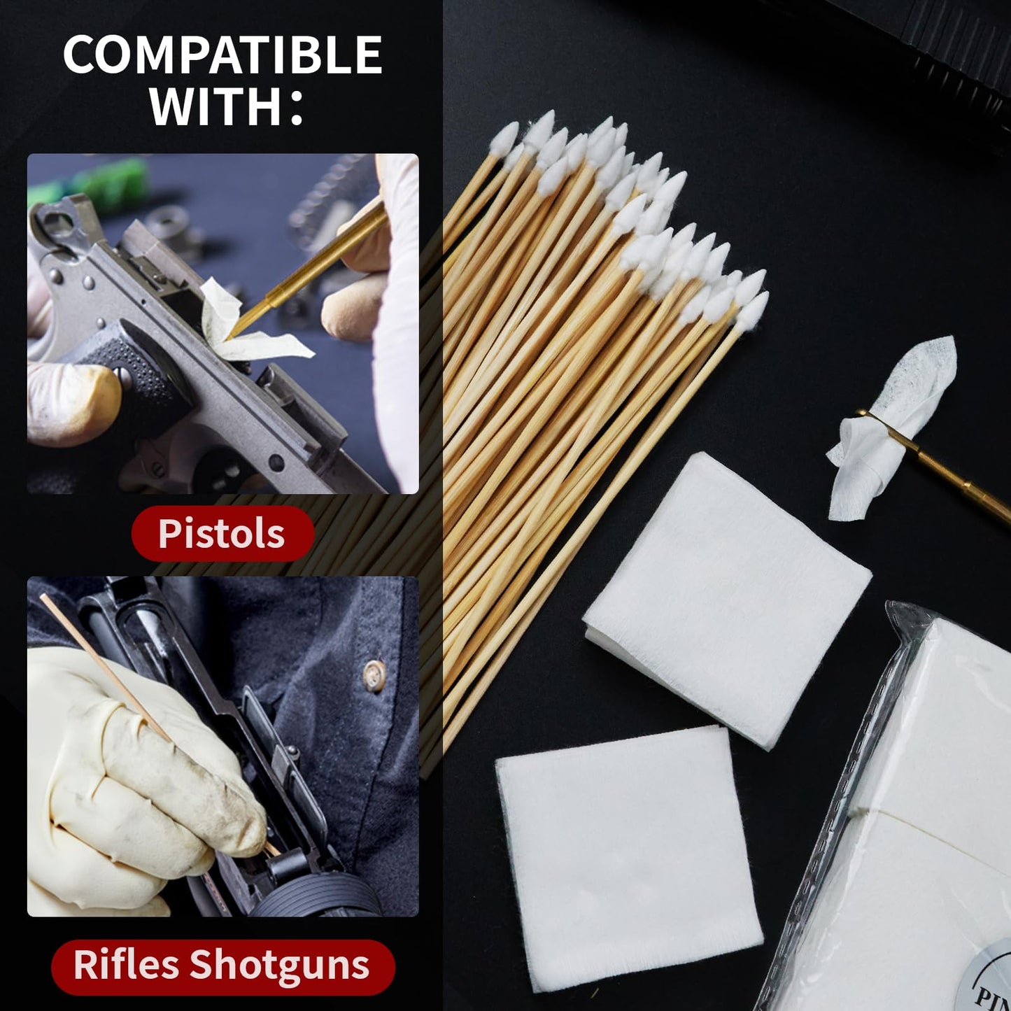 PINGMIC Gun Cleaning Supplies - Gun Cleaning Patches 600PCS and Gun Cleaning Swabs 600PCS, 6" Long Cotton Swabs, 2" x 2" Lint Free Gun Cleaning Cloth Fit Most Caliber Firearms