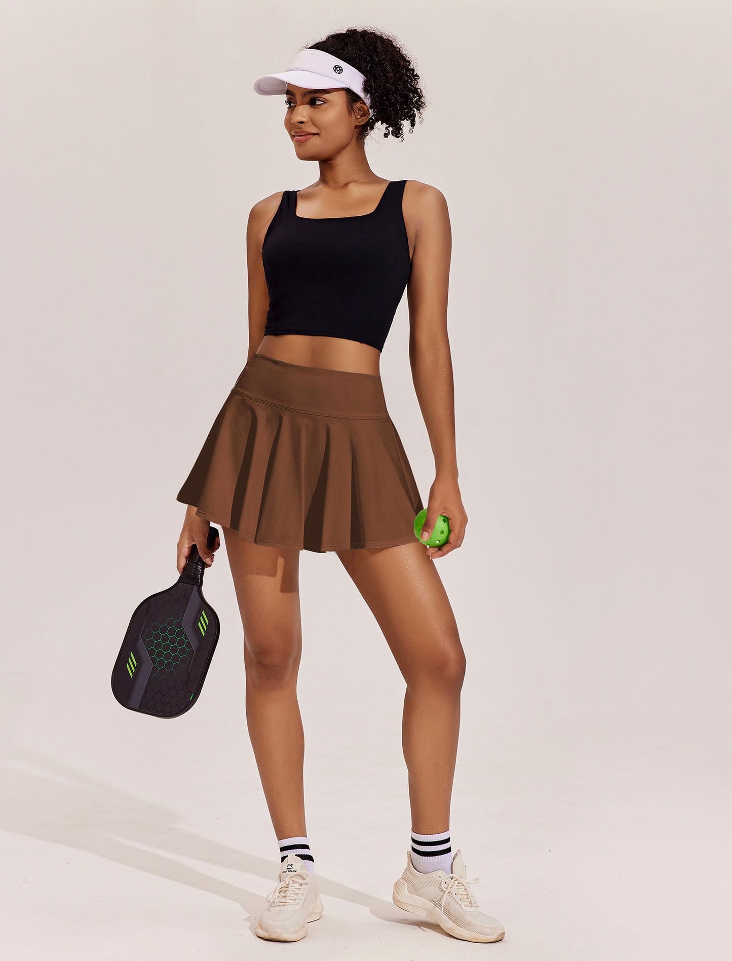 PINSPARK Tennis Skirts for Women Pleated Solid Athletic Skorts with Shorts Underneath 14" Pickleball Skirt, Brown Large