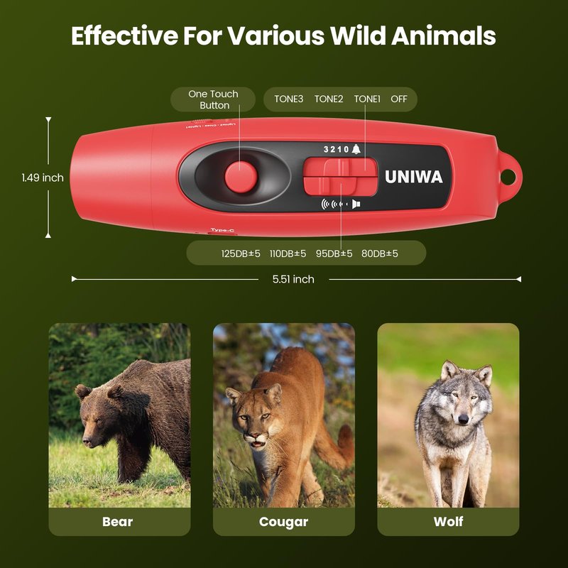 UNIWA Electronic Air Bear Horn, 120±5 dB Loud Air Horn for Safety Hiking Camping Emergency Whistle with Compass & Retractable Hook, Bear Horn to Scare Bears - Self Defense for Hiking -Red
