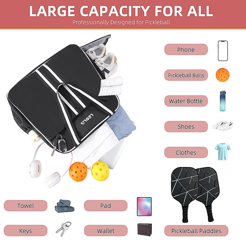 Pickleball Bag Pickle Ball Backpack for Women,Pickleball Accessory Tote Sport Equipment Bag Machine Washable with Shoe Compartment,Wet Pocket,Adjustable Shoulder Strap Fence Hook,Great Gift 30L-Black