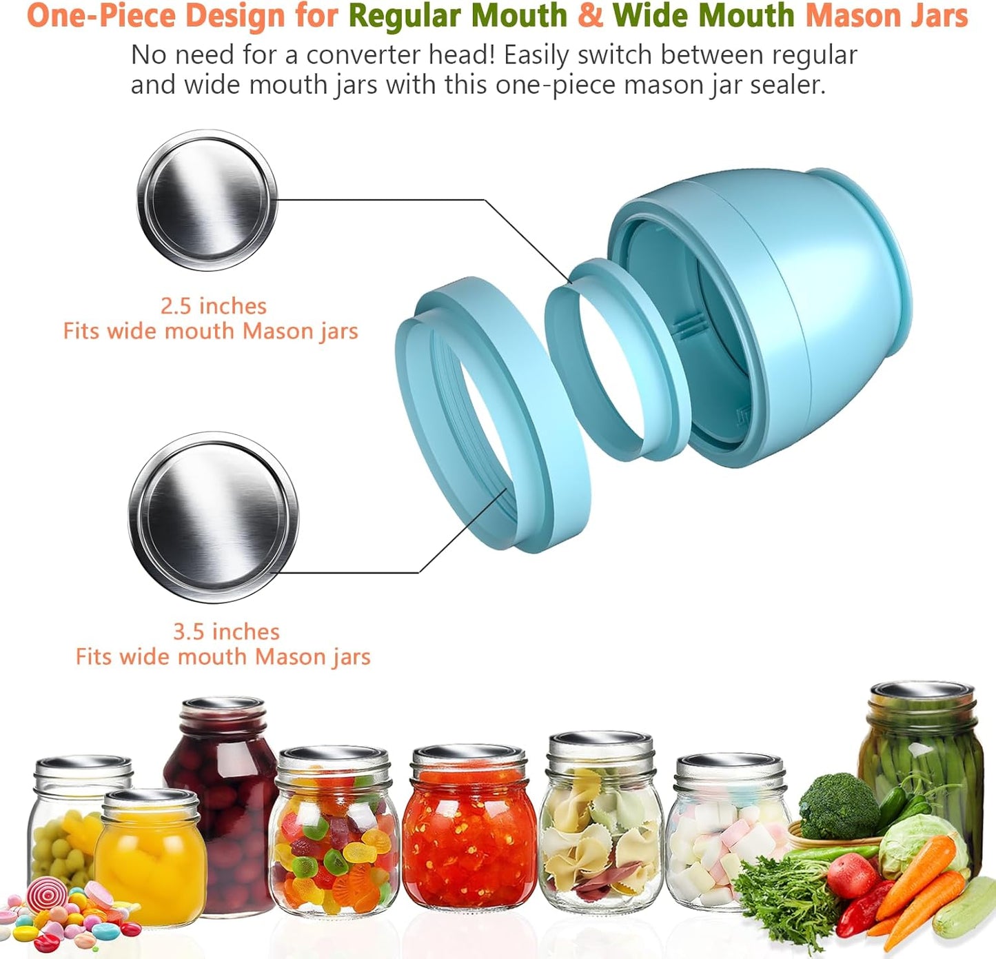Electric Mason Jar Vacuum Sealer Kit - Automatic Food Storage & Fermentation | Includes 10 Lids, Blue